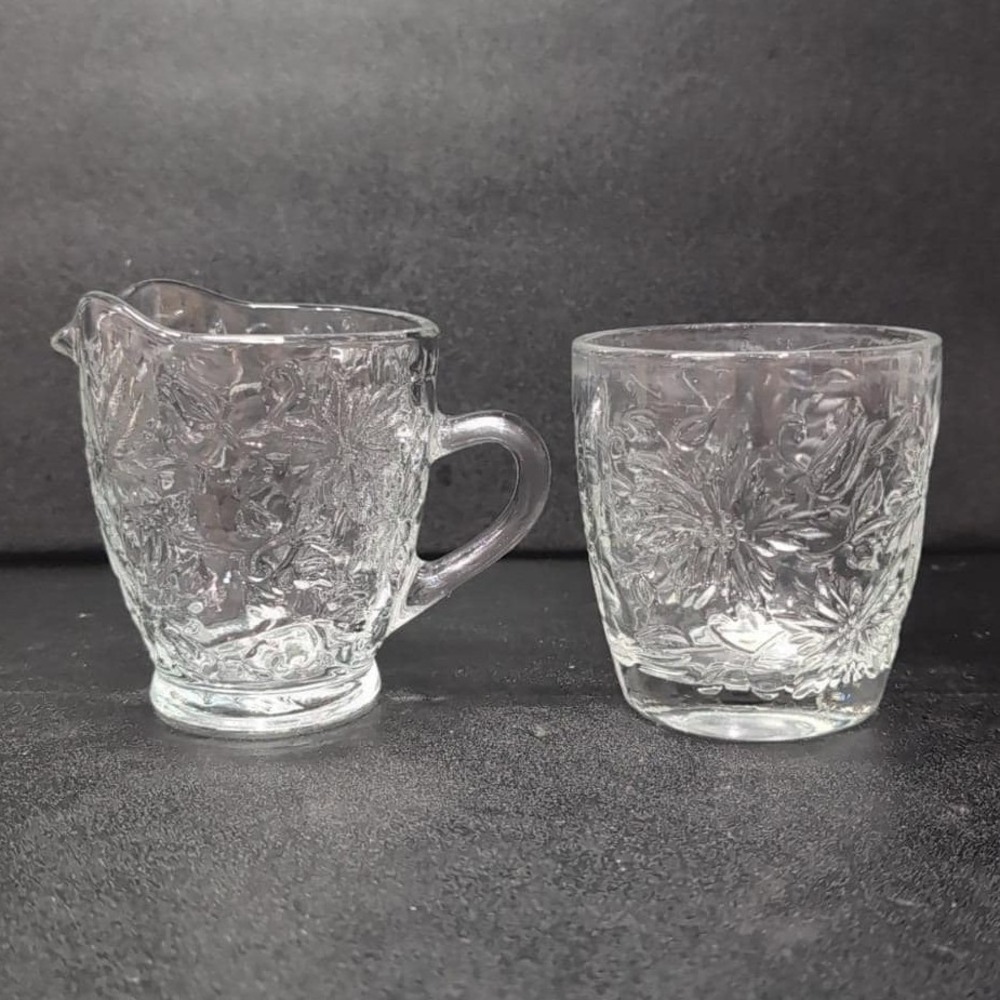 Princess House Fantasia Open Sugar Bowl & Creamer Set #5242, Etched Poinsettias - Picture 3 of 12